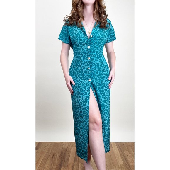 Vintage 100% Silk Button Down Midi Maxi Dress Coastal Casual Tropical Slit Print - Picture 3 of 6